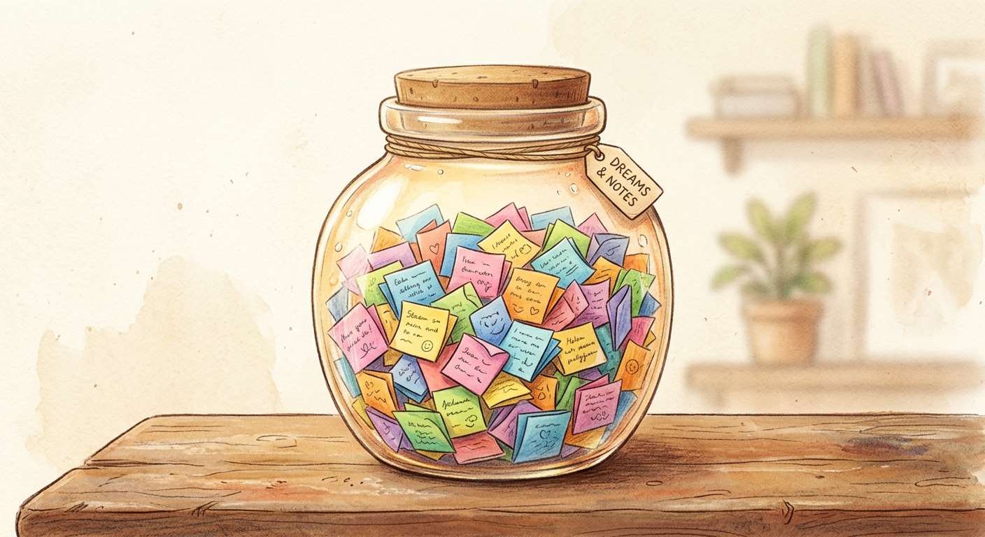 A glass jar full of happy sticky notes
